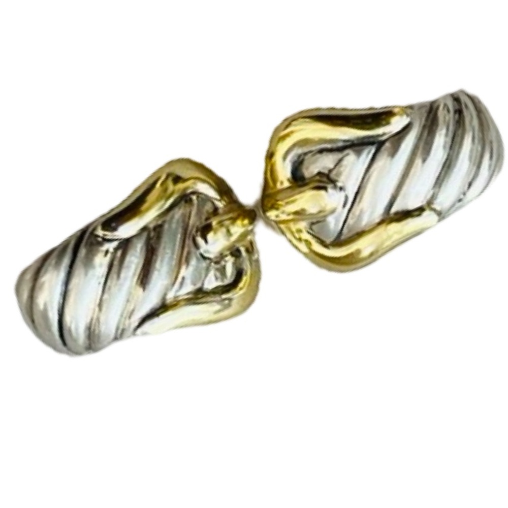 David Yurman 18 Karat Yellow Gold & Sterling Silver Belt Buckle Earrings - Picture 2 of 8